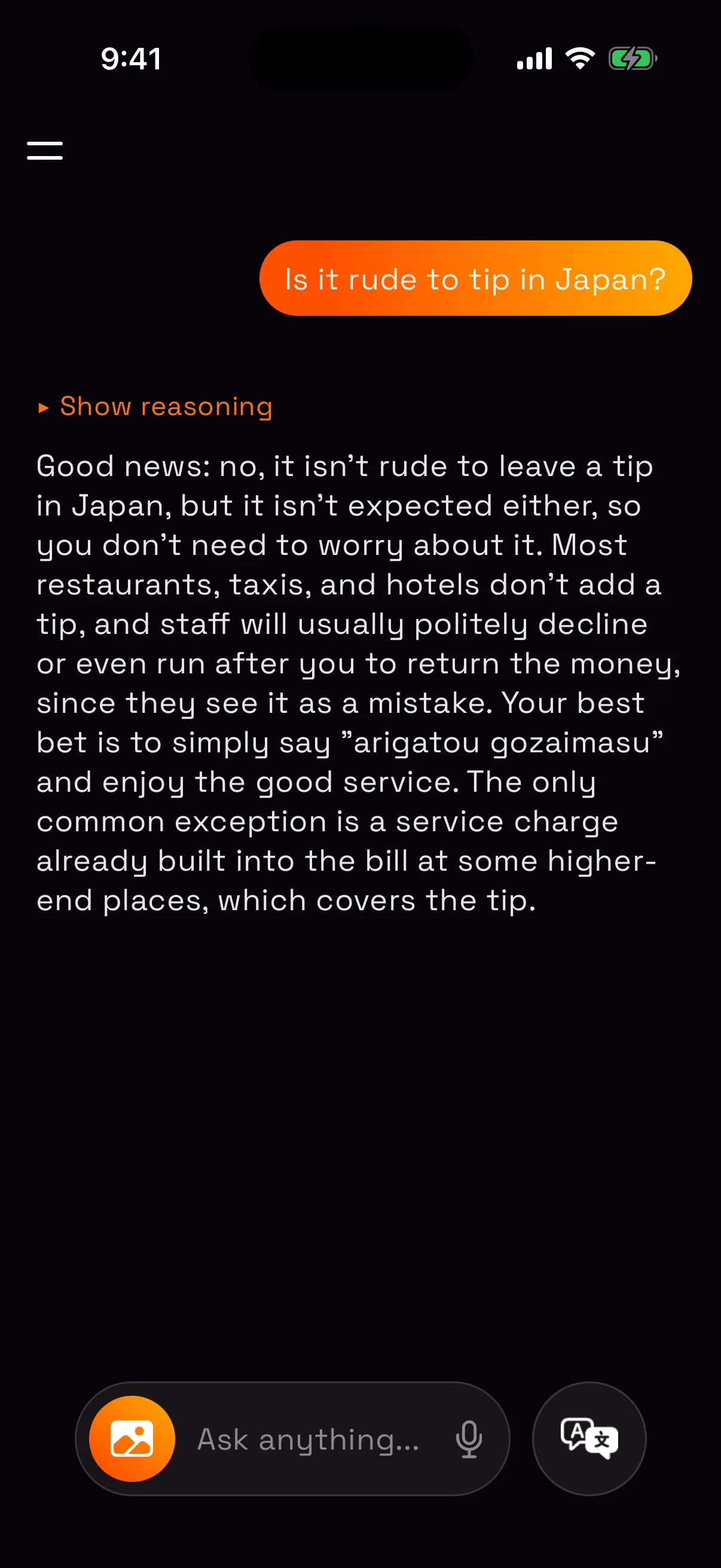 The companion answering whether it is rude to tip in Japan