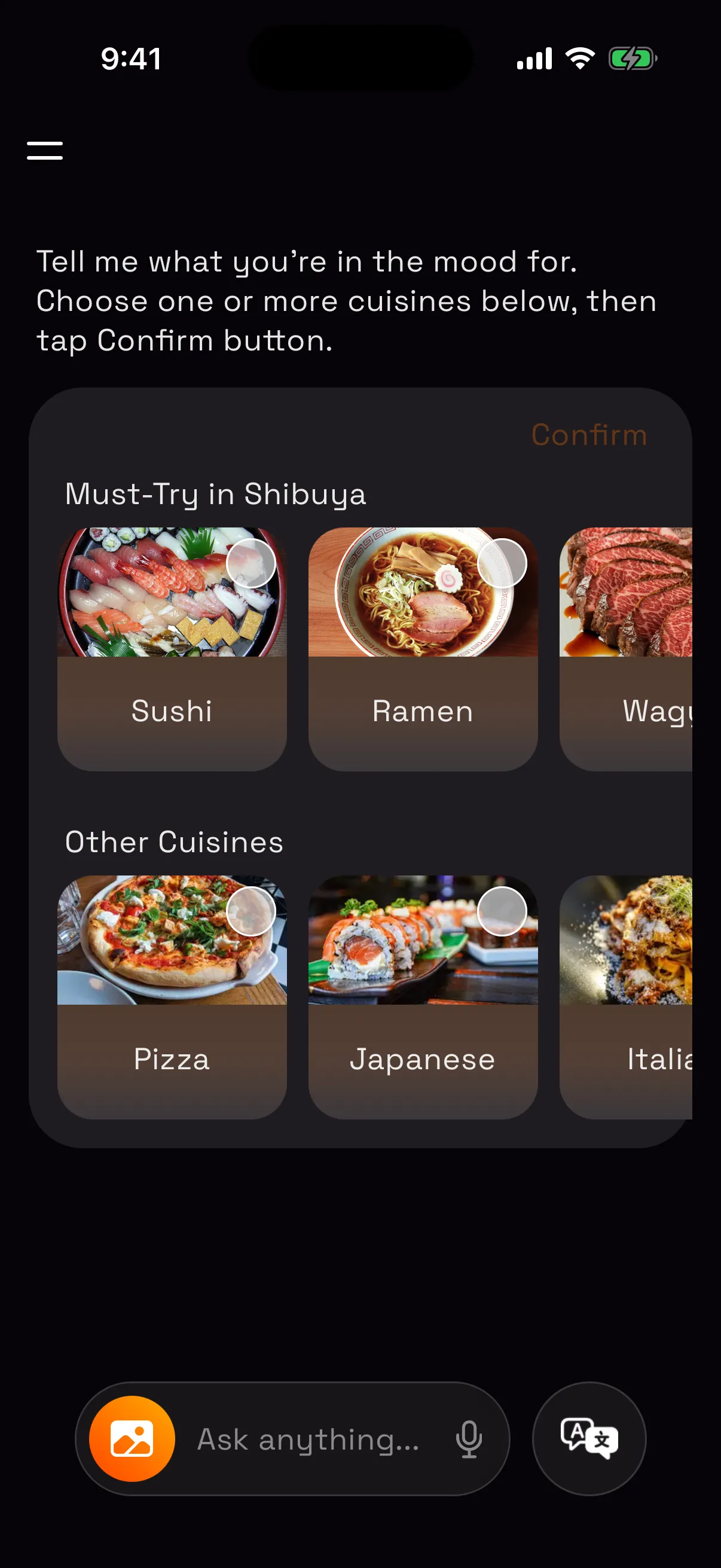 SpoonTip suggesting the must-try cuisines in Shibuya: sushi, ramen and wagyu